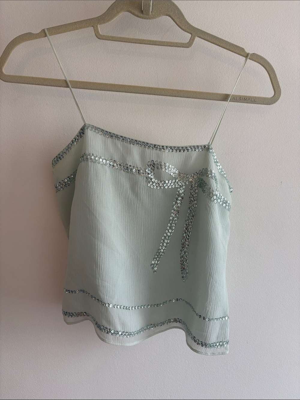 Banana Republic 2000s Light Mint Silk Sequin Trim Spaghetti Strap Top